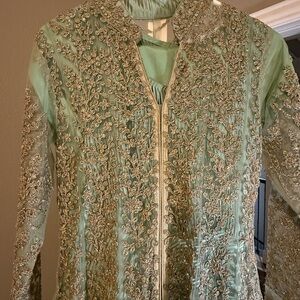 Elegant Green and Gold Embroidered Maxi Dress